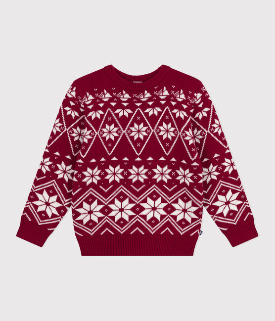 Pull enfant en laine et coton à motifs rouge AMARANTE/ AVALANCHE