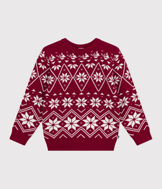Pull enfant en laine et coton &agrave; motifs rouge/&eacute;cru