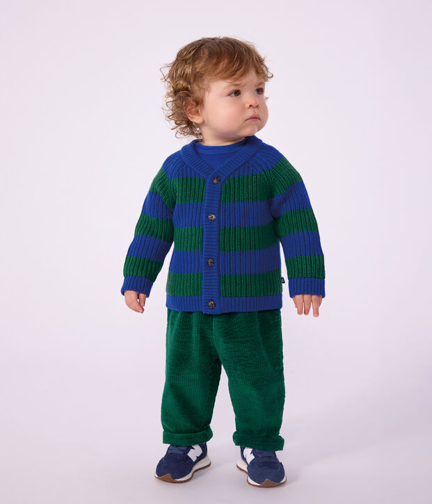 Cardigan b&eacute;b&eacute; en tricot laine et coton ray&eacute; multicouleur/vert