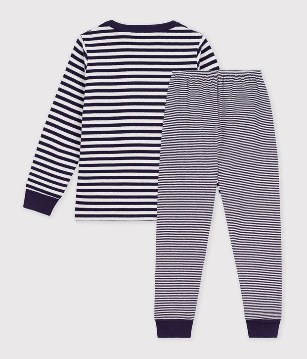 Pyjama enfant en tubique &agrave; rayures bleu/&eacute;cru