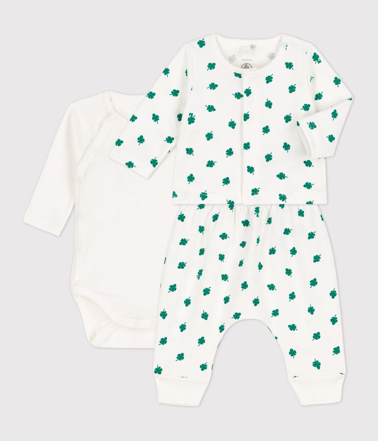 Ensemble 3 pi&egrave;ces b&eacute;b&eacute; imprim&eacute; v&eacute;g&eacute;tal en molleton bio blanc MARSHMALLOW/vert GAZON