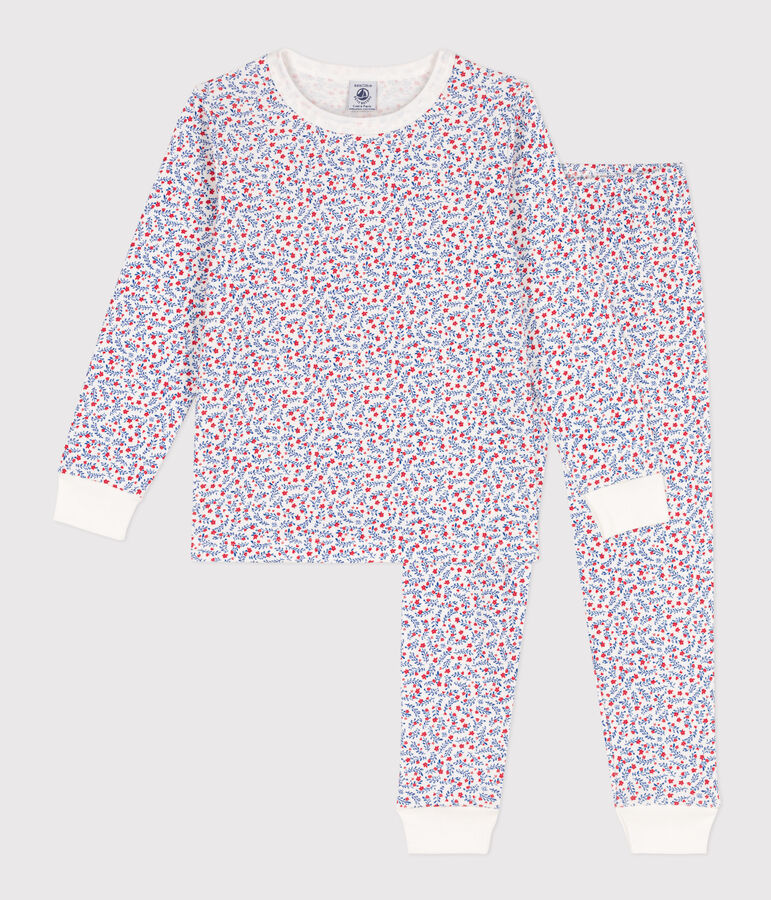 Pyjama fleurs en coton petite fille blanc MARSHMALLOW/blanc MULTICO