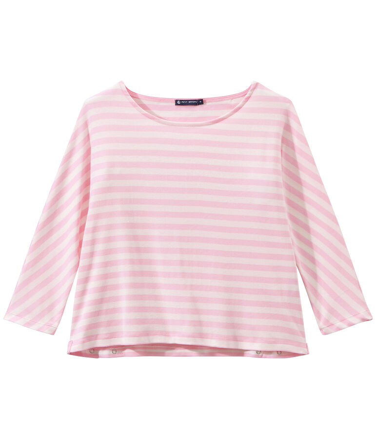 T-shirt femme manches 3/4 ray&eacute; rose/blanc