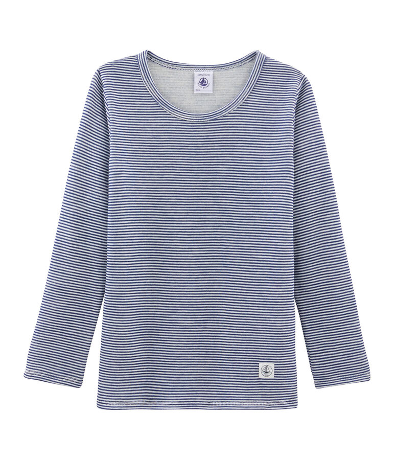 Tee-shirt manches longues enfant en laine et coton bleu/blanc