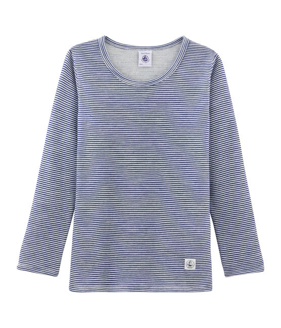 Tee-shirt manches longues enfant en laine et coton bleu MEDIEVAL/blanc MARSHMALLOW