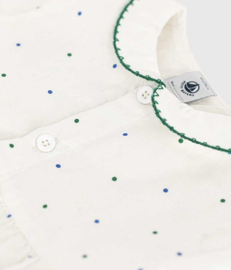 Barboteuse b&eacute;b&eacute; en coton manches courtes &agrave; col, imprim&eacute; &agrave; pois blanc MARSHMALLOW/blanc MULTICO