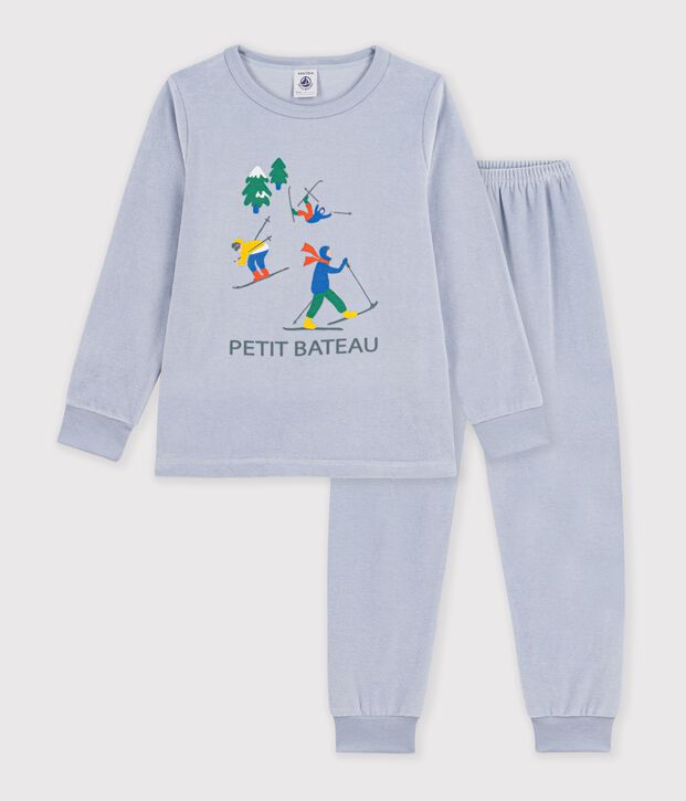 Pyjama enfant en velours uni &agrave; motif skieurs bleu clair