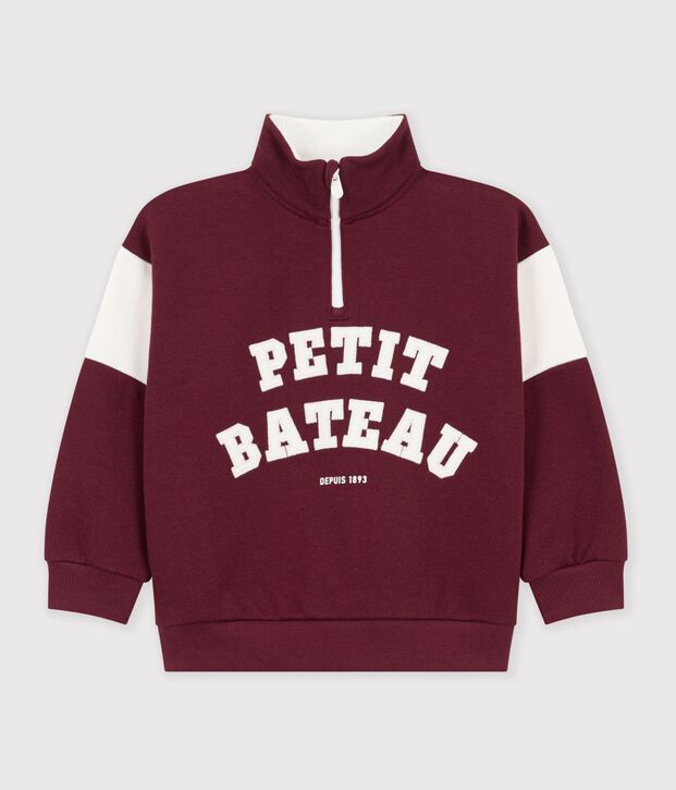 Sweatshirt col camionneur enfant en coton uni colorblock rouge/&eacute;cru