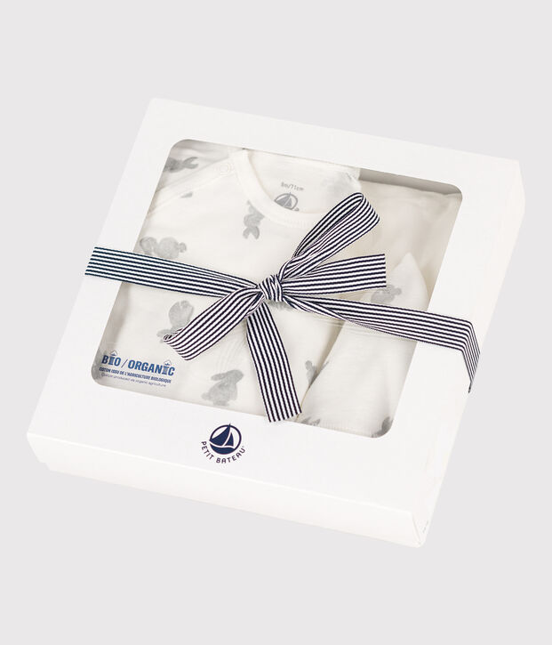 Lot 3 pi&egrave;ces en coton b&eacute;b&eacute; blanc/gris