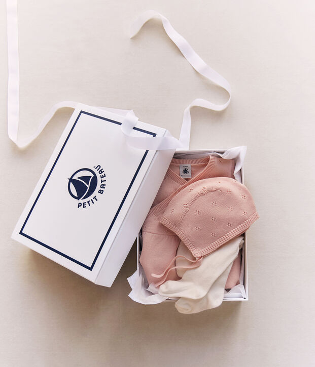 Ensemble cadeau b&eacute;b&eacute; beguin, barboteuse et collant en tricot multicouleur