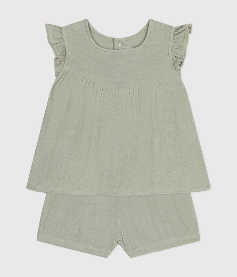 Ensemble blouse et short en gaze de coton b&eacute;b&eacute; vert HERBIER