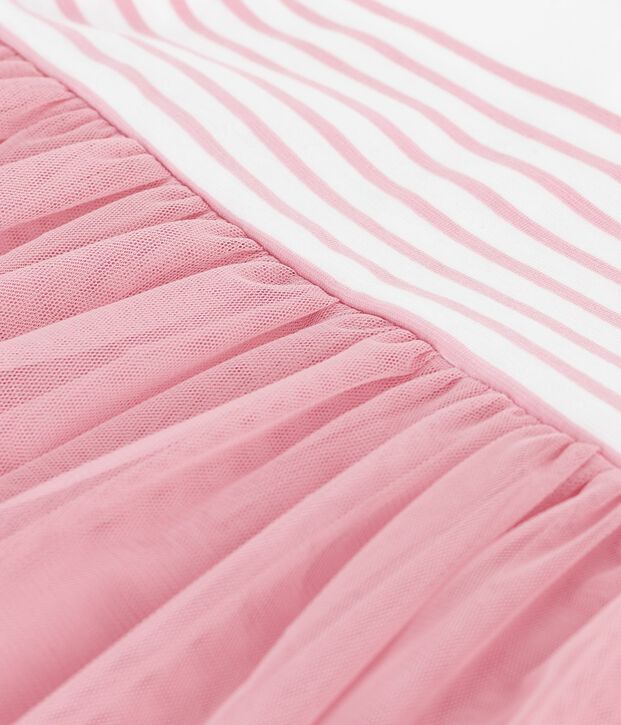 Robe b&eacute;b&eacute; coton et tulle manches courtes, haut ray&eacute; blanc/rose