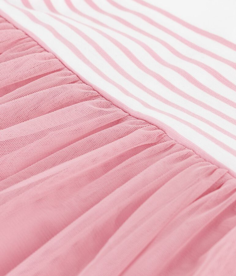 Robe b&eacute;b&eacute; coton et tulle manches courtes, haut ray&eacute; blanc MARSHMALLOW/rose CHARME
