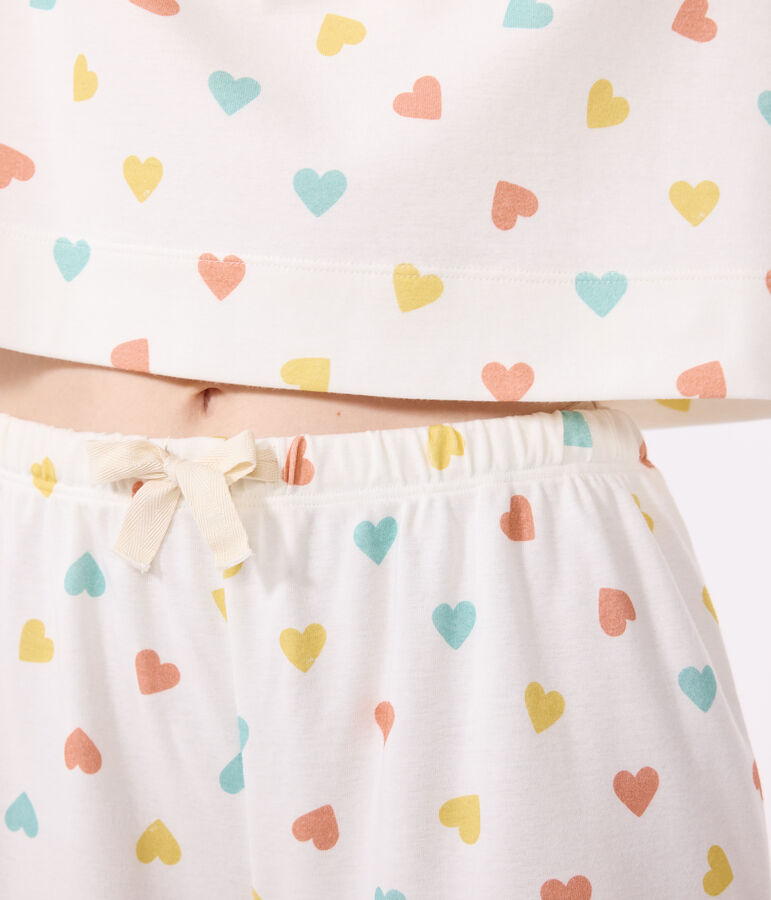 Pyjama short femme en coton imprim&eacute; c&oelig;urs blanc MARSHMALLOW/blanc MULTICO