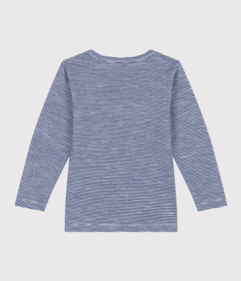 Tee shirt manches longues ray&eacute; en laine et coton enfant bleu MEDIEVAL/blanc MARSHMALLOW