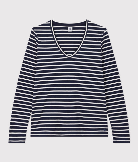 Tee-shirt LE DROIT col V en coton Femme bleu SMOKING/blanc MARSHMALLOW