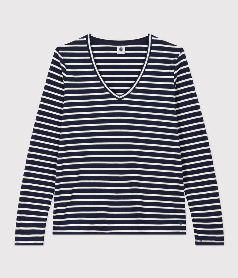 Tee-shirt LE DROIT col V en coton Femme bleu/blanc