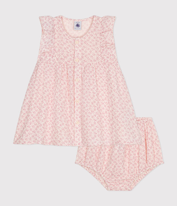 Robe manches courtes et bloomer en gaze de coton b&eacute;b&eacute; &eacute;cru/rose