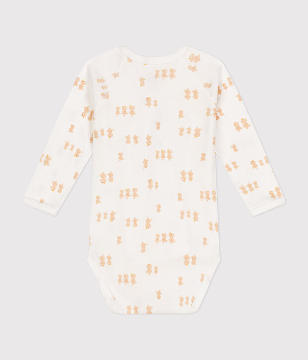 Body crois&eacute;s manches longues en coton b&eacute;b&eacute; blanc/beige