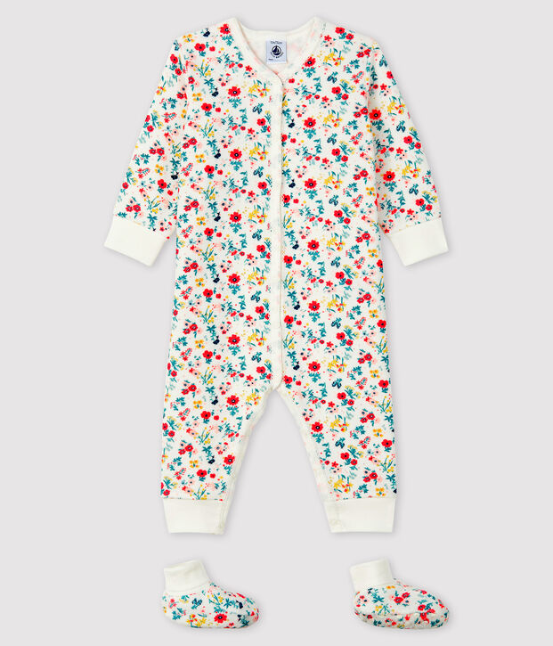 Ensemble nuit b&eacute;b&eacute; fille en bouclette &eacute;ponge blanc/multicouleur