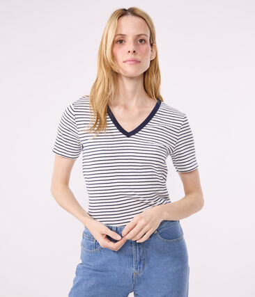 Tee-shirt l'Iconique col V en coton rayé femme