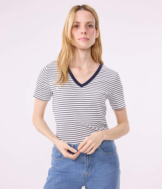Tee-shirt l'Iconique col V en coton rayé femme blanc MARSHMALLOW/bleu SMOKING