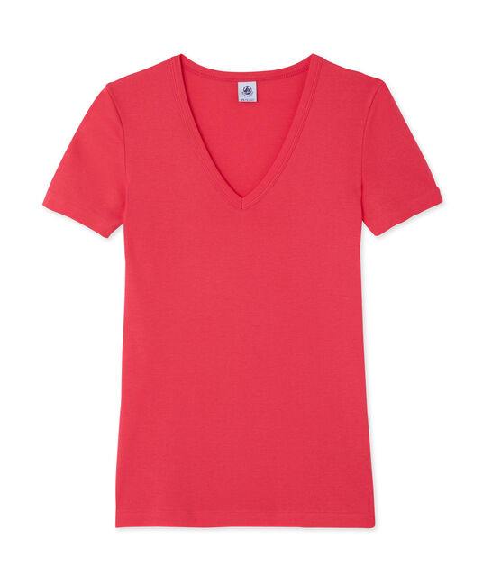 T-shirt femme col V en côte originale rose GEISHA