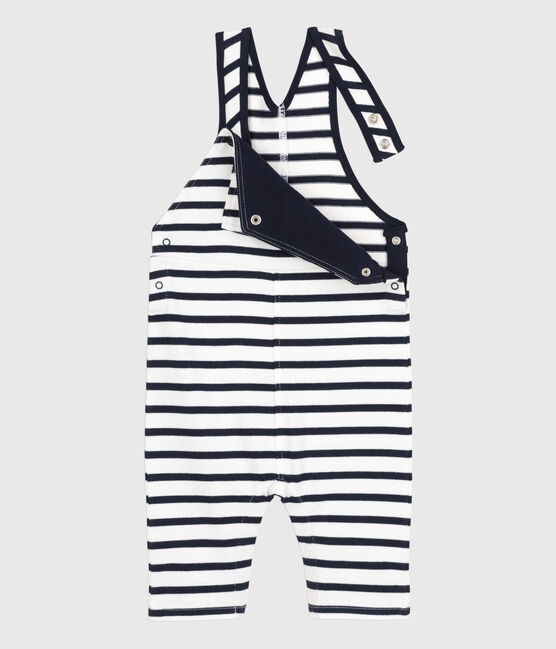 Salopette bébé rayée marinière en jersey épais blanc MARSHMALLOW/bleu SMOKING
