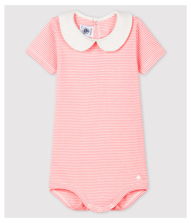 Body col claudine en coton b&eacute;b&eacute; fille rose/blanc