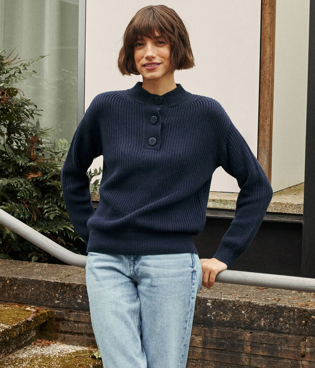 Pull col camionneur en coton femme bleu