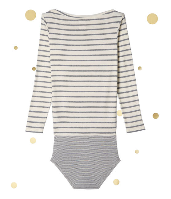 Body à manches longues femme. Petit bateau x Marie-Agnès Gillot beige COQUILLE/gris SUBWAY