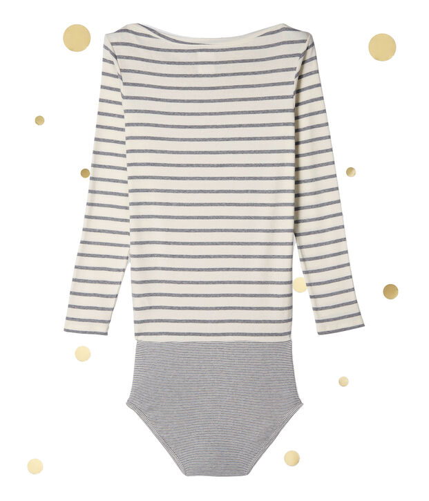 Body &agrave; manches longues femme. Petit bateau x Marie-Agn&egrave;s Gillot blanc/gris