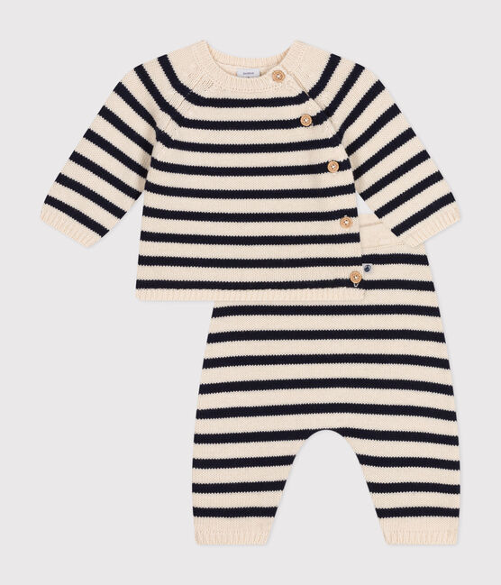 Ensemble en tricot laine et coton rayure marinière bébé blanc AVALANCHE/bleu SMOKING