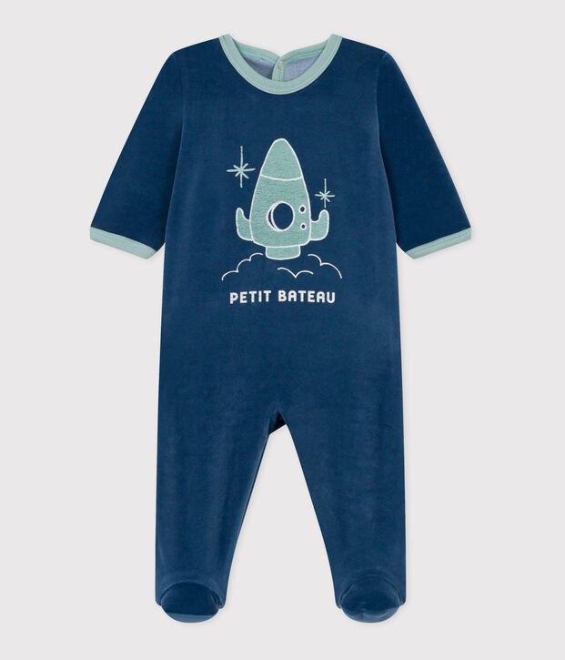 Pyjama b&eacute;b&eacute; en velours ouverture au dos bleu