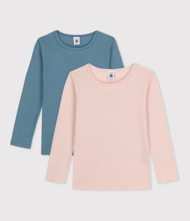 Tee-shirts manches longues petite fille en coton ajour&eacute; multicouleur