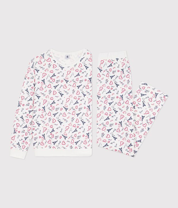 Pyjama femme en coton imprim&eacute; Paris blanc/multicouleur