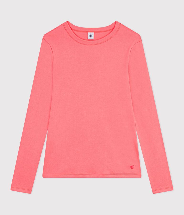 Tee-shirt femme en coton manches longue uni rose FLAMAND