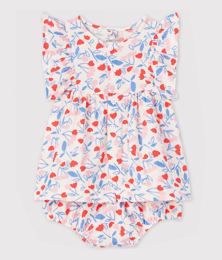 Robe sans manches fleurie avec bloomer b&eacute;b&eacute; fille en tissu couche en coton biologique rose FLEUR/blanc MULTICO