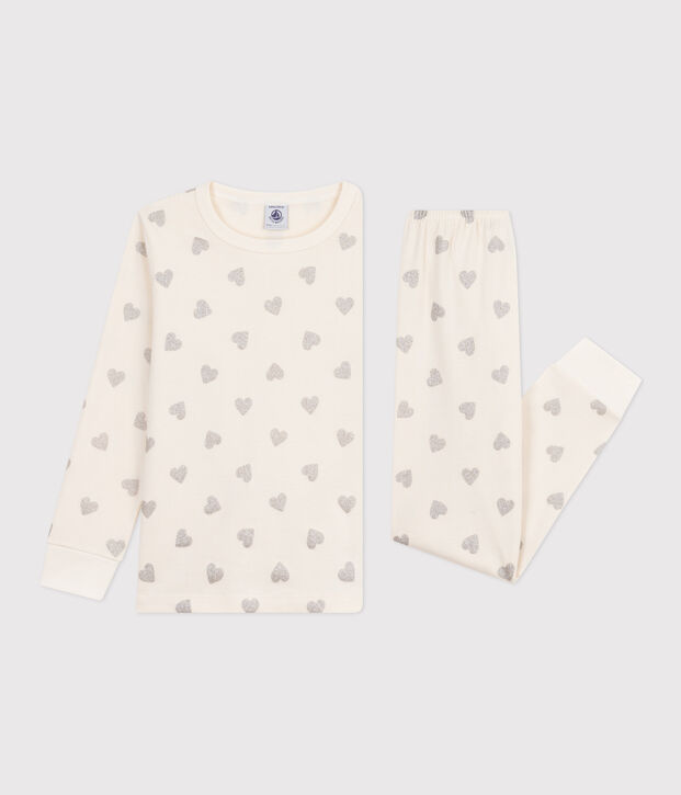 Pyjama enfant en coton imprim&eacute; c&oelig;urs argent&eacute;s &eacute;cru/gris