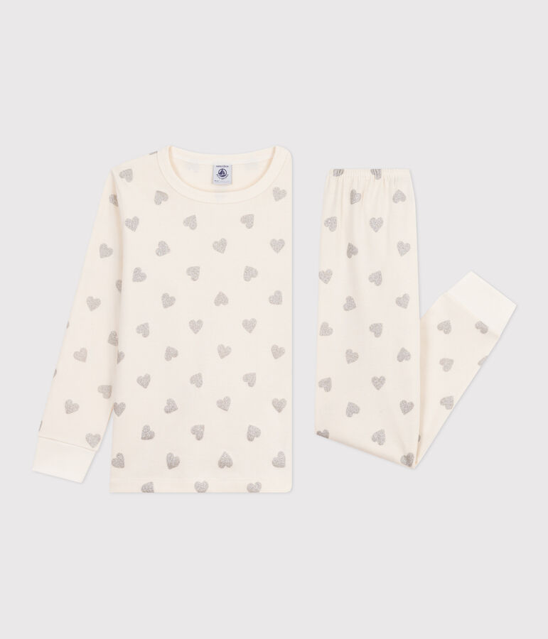 Pyjama enfant en coton imprim&eacute; c&oelig;urs argent&eacute;s &eacute;cru MILK/ ARGENT