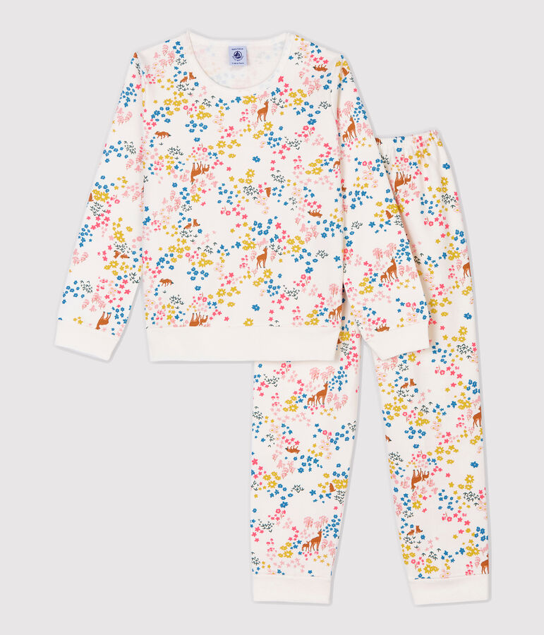 Pyjama imprim&eacute; fleuri petite fille en molleton blanc MARSHMALLOW/blanc MULTICO