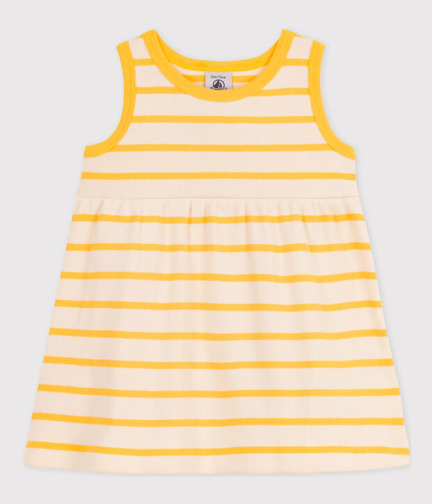 Robe sans manche b&eacute;b&eacute; en maille c&ocirc;tel&eacute;e ray&eacute;e &eacute;cru/jaune