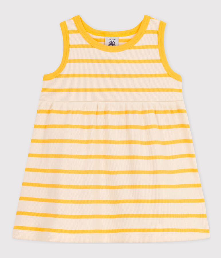 Robe sans manche b&eacute;b&eacute; en maille c&ocirc;tel&eacute;e ray&eacute;e jaune AVALANCHE/blanc DAISY