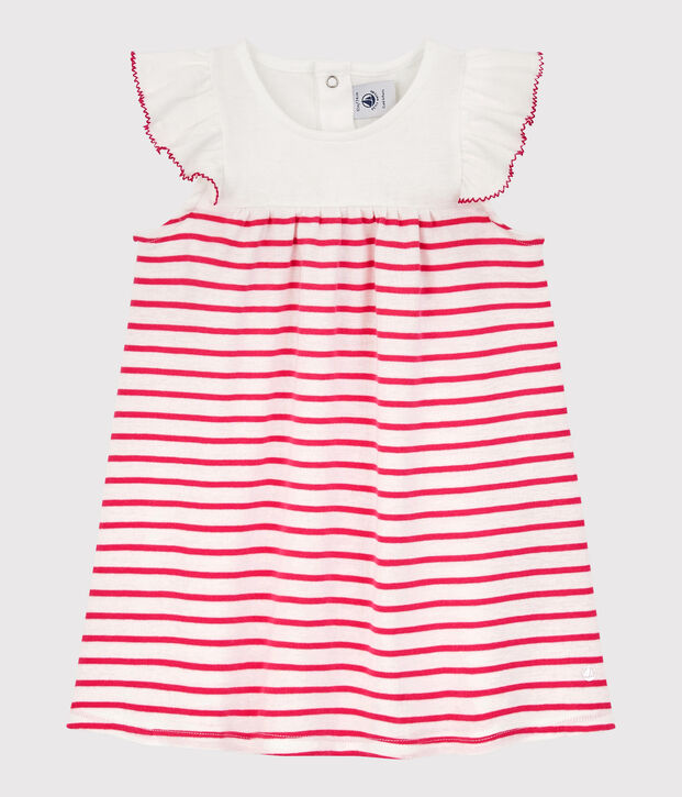 Robe manches courtes en c&ocirc;te ray&eacute;e b&eacute;b&eacute; fille blanc/rose