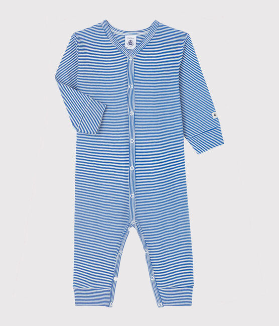 Dors-bien sans pieds à rayures bleues bébé en côte bleu PABLITO/blanc MARSHMALLOW