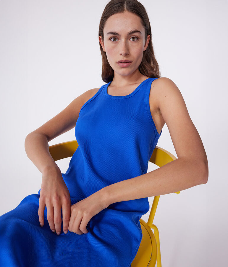 Robe d&eacute;bardeur longue femme en coton bleu