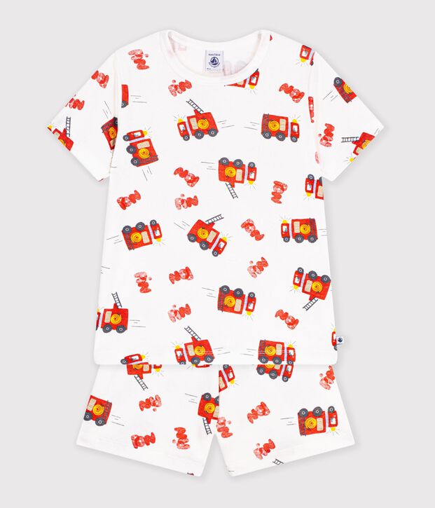 Pyjama short enfant en coton imprim&eacute; pompier blanc/multicouleur