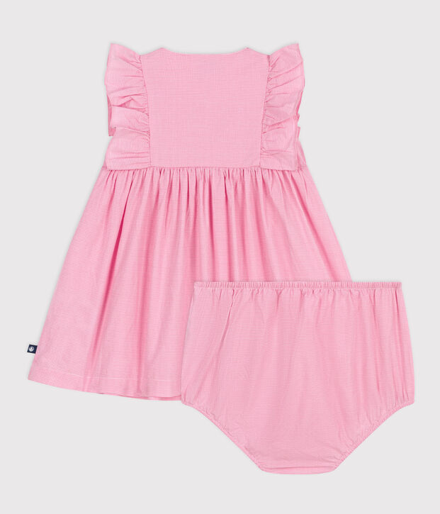 Robe b&eacute;b&eacute; en coton l&eacute;ger sans manches et bloomer, imprim&eacute;s vichy blanc/rose