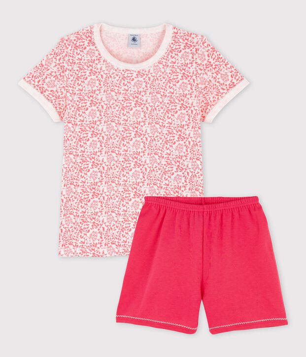 Pyjacourt imprim&eacute; fleuri rose petite fille en coton blanc/rose