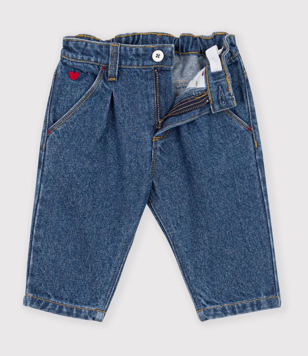 Pantalon b&eacute;b&eacute; en denim uni et broderie c&oelig;ur bleu